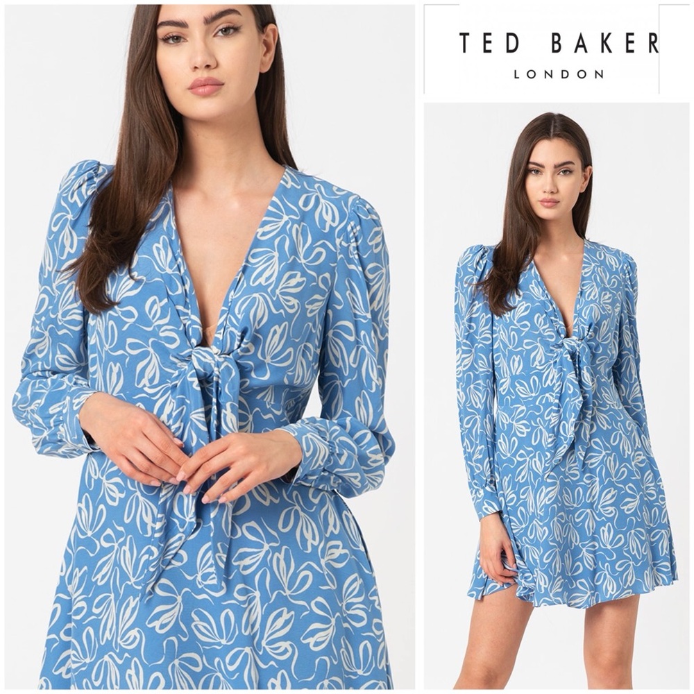 Ted Baker Modernity Blue Printed Heidiee Mini Dress Tie V-Neck Long Sleeve
